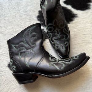 Lucchese Black and Green Ankle Boots with Intricate Stitching